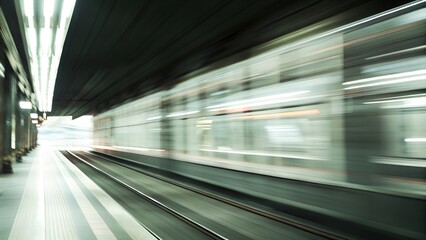 Fast-moving train passing through a neon-lit tunnel, captured with long exposure. Light trails blend with glowing ads.