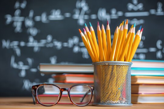 Pencils in metal pot, books and eyeglasses on teacher's desk with math formulas on blackboard