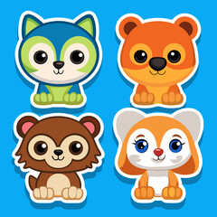 Fototapeta premium Four Cute Cartoon Animals with Big Eyes and Smiling Faces.