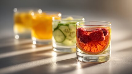 Four glasses of infused water with colorful fruits and vegetables like orange, cucumber, raspberries, and grapefruit create a refreshing and healthy summer beverage