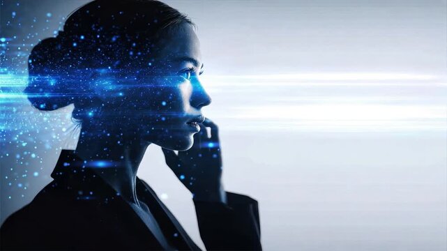 Woman touching face with blue holographic data above her head, tech interface and future thought, digital silhouette, cyber human image