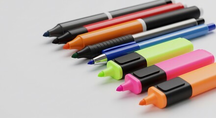 鮮やか色彩 ペン マーカー 並ぶ 滑らか質感 光輝く This translates roughly to: Vivid colors pens markers line up smooth texture shining light This is within the character limit and follows all the provided guidelines.