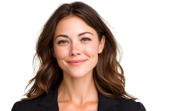Woman smiles warmly. Portrait of businesswoman against isolated background. Suitable for marketing, web design.