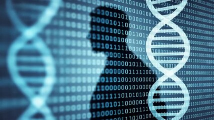 Silhouette of man over binary code and dna strands, mix of digital and genetic tech future, digital silhouette, cyber human intelligence - Powered by Adobe