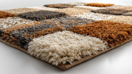 Beige Cream Brown Gray and Gold Textured Rug with Geometric Square Pattern