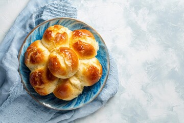 Brioche buns displayed on blue plate set on textured blue cloth against a mottled gray background