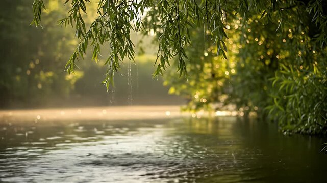Water Dripping From Willow Tree Leaves Over Pond on Sunny Day