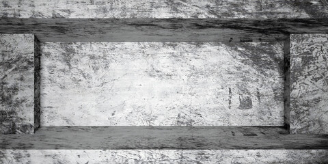 3d rendering of a textured concrete interior with geometric shapes and rough surfaces. Abstract industrial background with minimalistic gray tones and grunge style.
