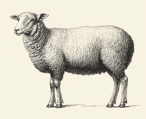 Fototapeta premium Detailed Illustration of a Woolly Sheep Standing in Profile Against a Neutral Background