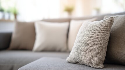 A cozy and modern living room setting, featuring gray and beige textured pillows on a cozy couch,
