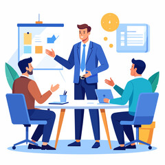 Obraz premium A manager in a suit presents charts and data to his team during a productive office meeting.