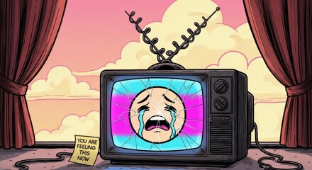 Retro tv displaying sad emoji with broken screen and inspirational note