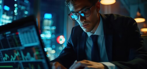 35-year-old financial manager man with glasses discussing strategies while using a laptop