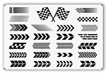 Racing stripe decals with motorsport patterns, black silhouette finish line icons, dynamic speed curves, and competition flag graphics for car and bike wraps