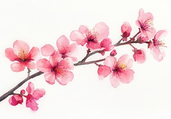Delicate Pink Cherry Blossom Branch with Watercolor Effect on White Background for Nature and Spring Themes