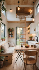 Cozy sunlit modern tiny house interior with minimalist, warm, space-saving design.
