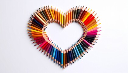 A heart shape formed by neatly arranged colored pencils in a gradient rainbow pattern, symbolizing creativity, love, and vibrant expression.