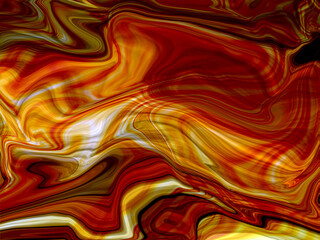 A fiery abstract artwork with swirling, marbled patterns in intense shades of red, orange, and gold, evoking the essence of flames or molten lava.

