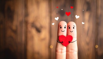 Two fingers with smiley faces holding a red heart, surrounded by floating white hearts on a wooden surface—symbolizing love, friendship, and joyful human connection.