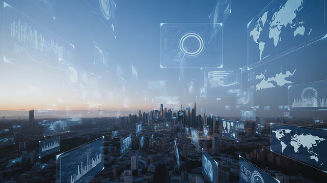 Futuristic cityscape with holographic data displays technology