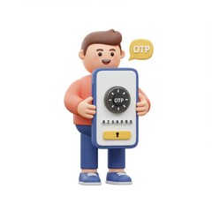 Cartoon Character Holding Mobile Device with OTP Display for Security
