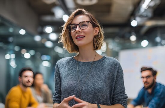 A female manager is presenting a project to her team in a modern office. The Caucasian business woman is giving a presentation at a meeting table with a group of diverse colleagues