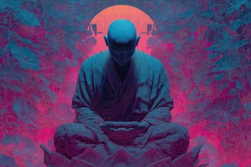 A man sitting in a meditation position with a full moon glowing behind him. He exudes a sense of peace and tranquility in a futuristic and psychedelic setting.
