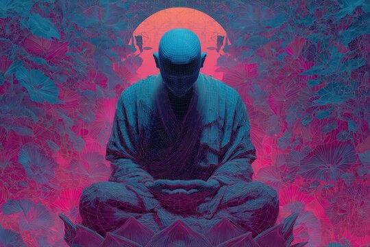 A man sitting in a meditation position with a full moon glowing behind him. He exudes a sense of peace and tranquility in a futuristic and psychedelic setting.