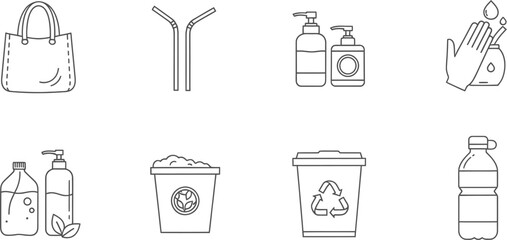 isolated line art icons: eco-friendly products and hygiene practices
