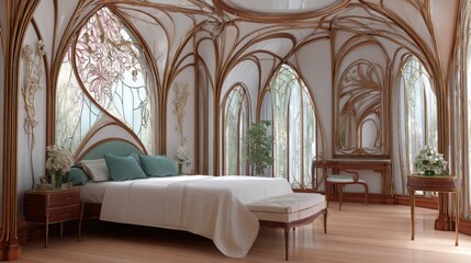 art nouveau bedroom, curved organic lines, floral motifs, stained glass, natural materials, elegant romantic feel 