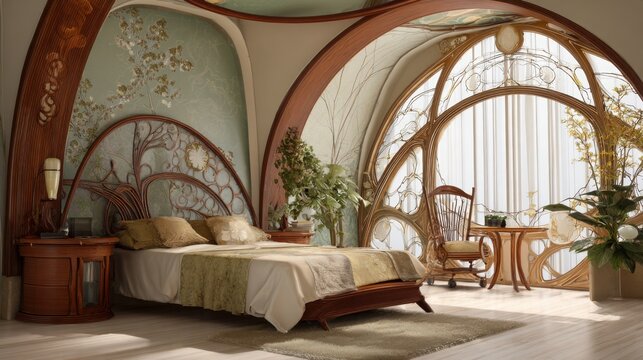 art nouveau bedroom, curved organic lines, floral motifs, stained glass, natural materials, elegant romantic feel 