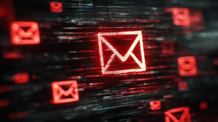 An array of glowing red email icons on a dark, glitchy background, symbolizing digital communication and technology.