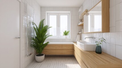 bright minimalist bathroom, white tiles, wooden vanity, large mirror, natural light from window, indoor plant, clean and peaceful design 