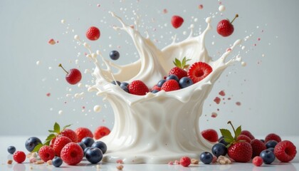 Yogurt splash bursting mid-air, mixed with colorful berries and fruits on a clean white background for freshness