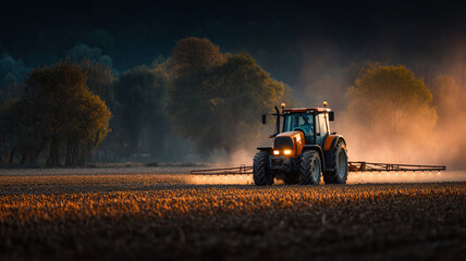 Farm Machinery Working In Field At Sunset