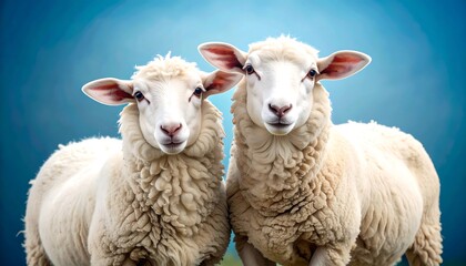 Two white sheep facing forward against a soft blue background