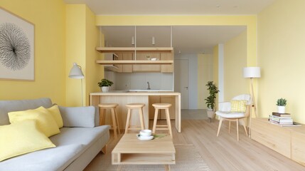 Fototapeta premium cheerful interior in soft yellow tones, cozy modern decor, natural sunlight, pale yellow walls, minimalist wooden furniture, bright and airy vibe