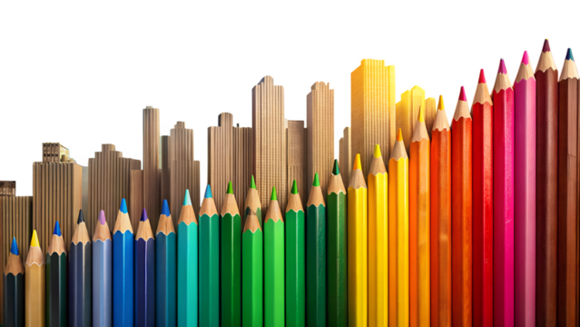 Photo of a vibrant cityscape formed by colorful pencils arranged in a rising graph against a transparent background