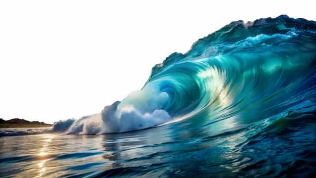 Photo of a powerful, translucent turquoise ocean wave curls and crashes, illuminated by sunlight isolated on transparent background