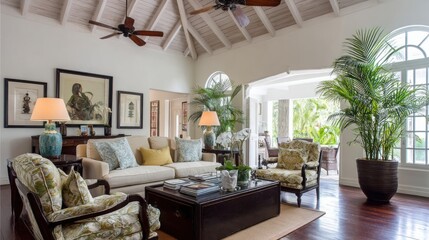 Fototapeta premium colonial style living room, dark wood furniture, high ceiling fans, tropical plants, traditional elegance with exotic touches 