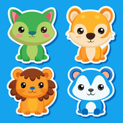 Fototapeta premium Four cartoon animals on a blue background.