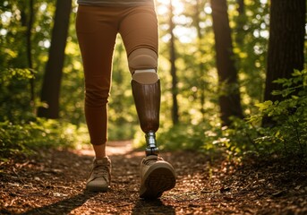 Confident hiker with prosthetic leg in lush forest at golden hour