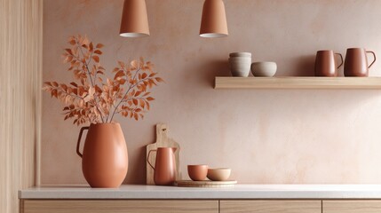 cozy autumn kitchen interior, warm terracotta accents, dry leaves in vase, soft lighting, wooden shelves with ceramics, rustic minimalism, neutral palette