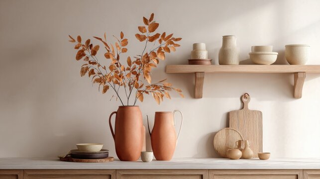 cozy autumn kitchen interior, warm terracotta accents, dry leaves in vase, soft lighting, wooden shelves with ceramics, rustic minimalism, neutral palette