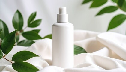 White Cosmetic Bottle Mockup with Fresh Green Leaves on White Fabric