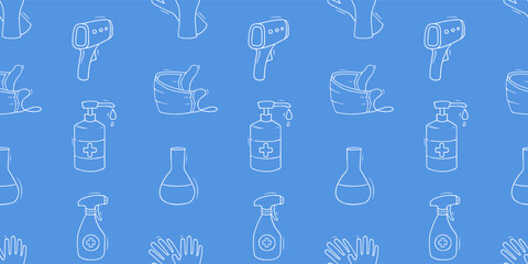 Seamless pattern - with mask, gloves, sanitizer. Disease prevention. Hand drawn signs - medical healthcare objects .Vector hand drawn backdrop