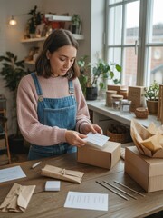 Packing Products Concept for Small Business Owners in a Cozy Workspace Environment