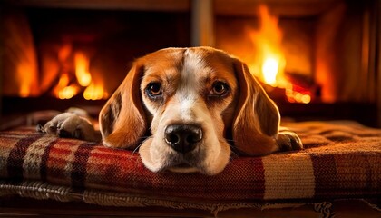 Beagle by Fireplace