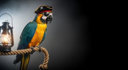 Pirate parrot wearing hat and eye patch on halloween theme with lantern