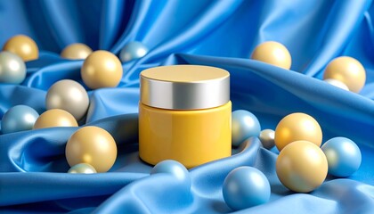 Luxury Beauty Cream: Yellow Jar Surrounded by Pastel Pearls on Silk